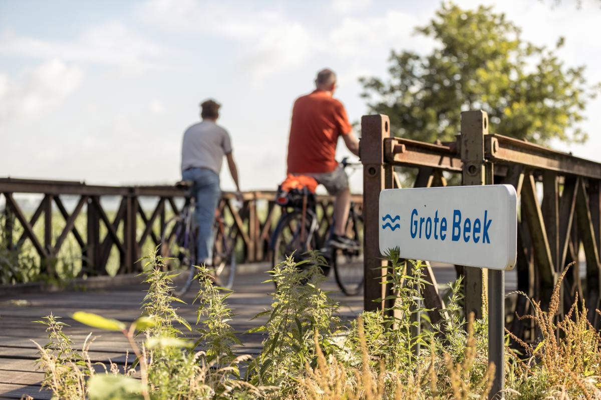 Fietsers op de Baileybrug bij natuurgebied het Marum in Wuustwezel