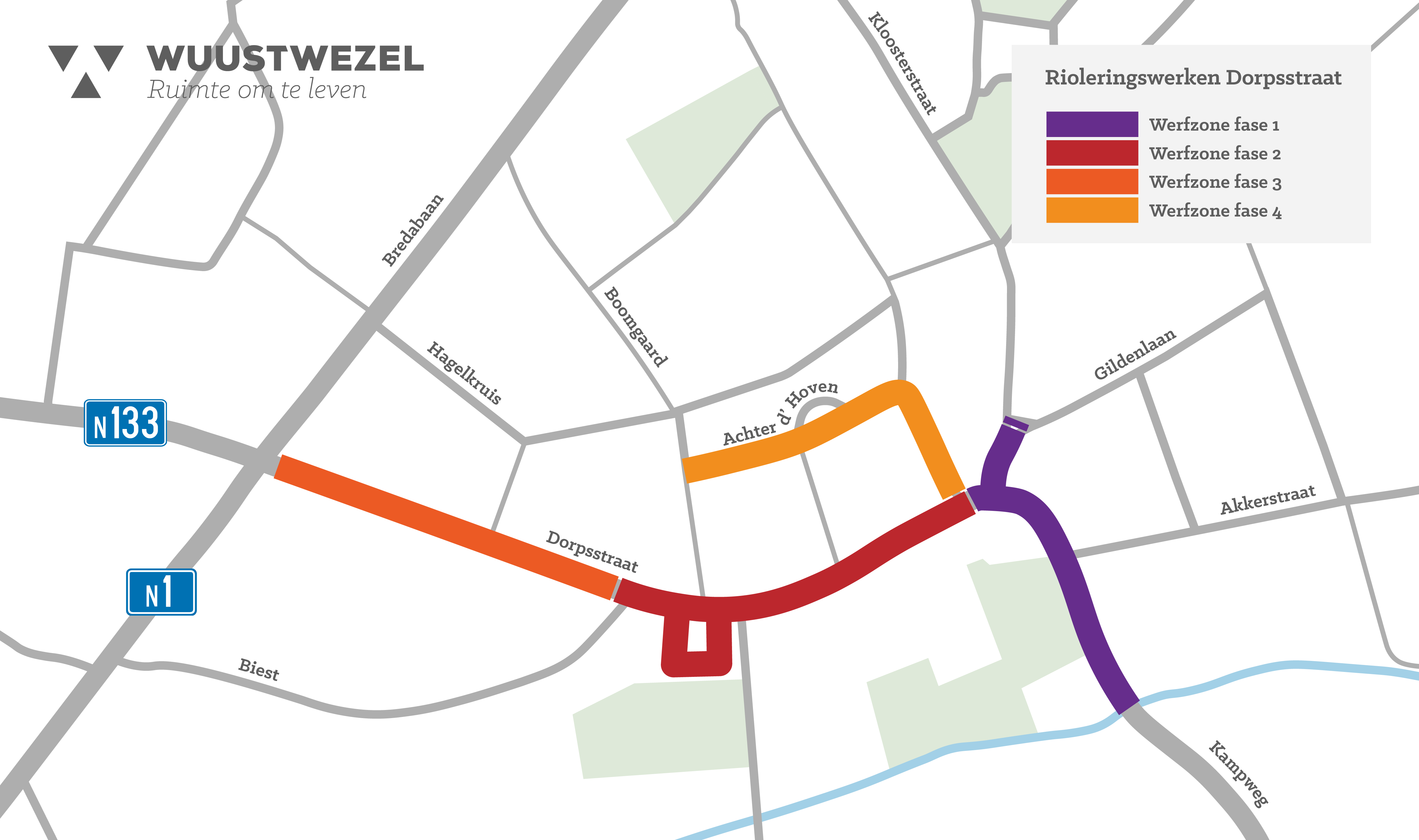 overzichtskaart van de vier fases van de rioleringswerken in de Dorpsstraat