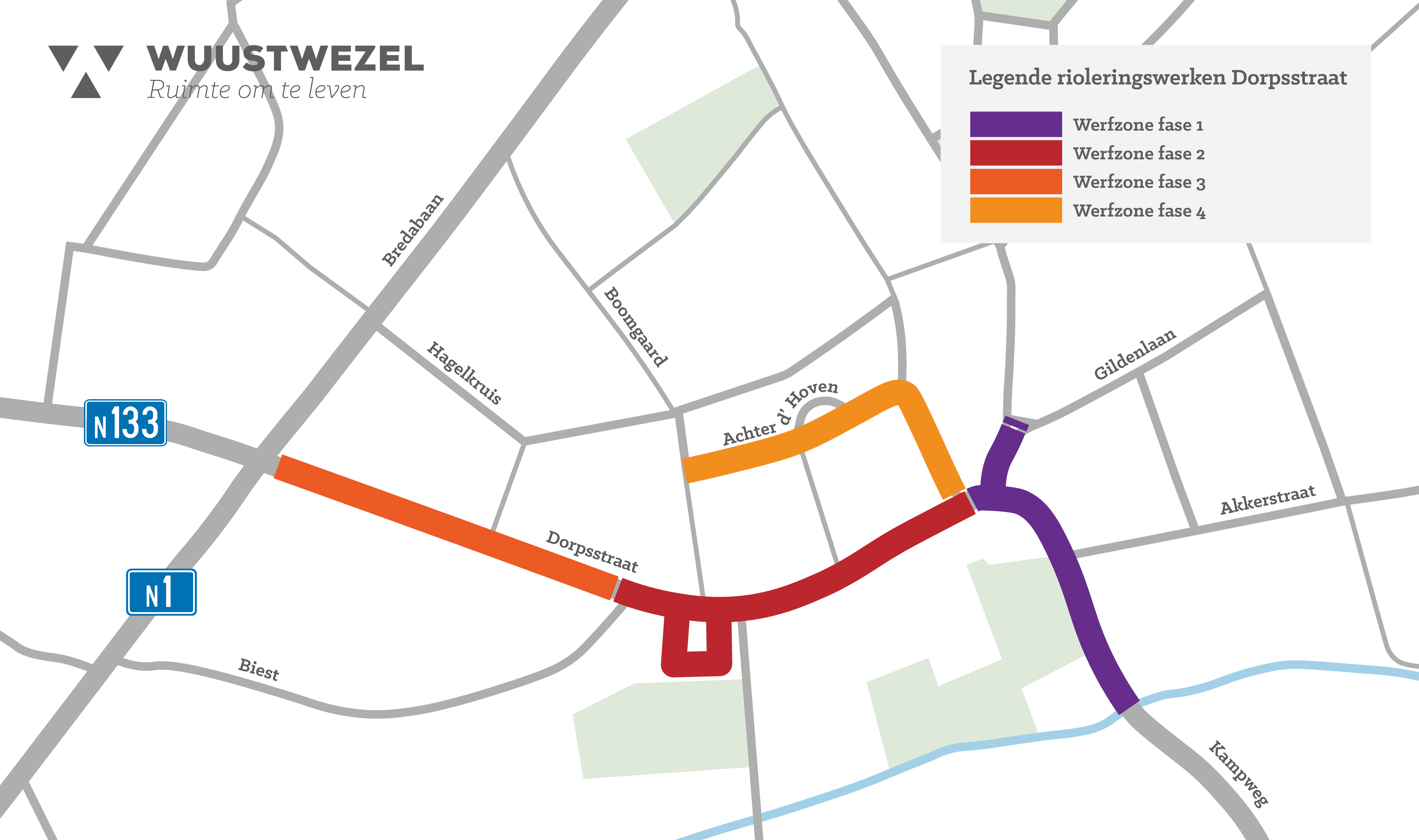 plattegrond van het centrum van Wuustwezel met daarop de werfzones van de rioleringswerken