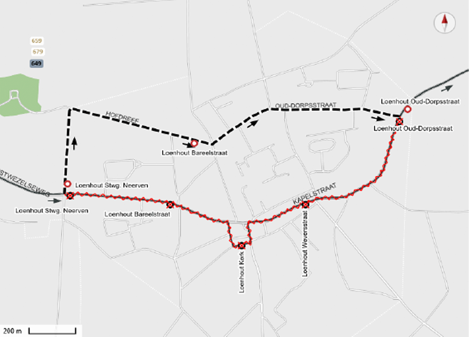 Plattegrondje van Loenhout met de vervanghaltes van De Lijn tijdens fase 1 van de restauratie van de Sint-Quirinuskapel