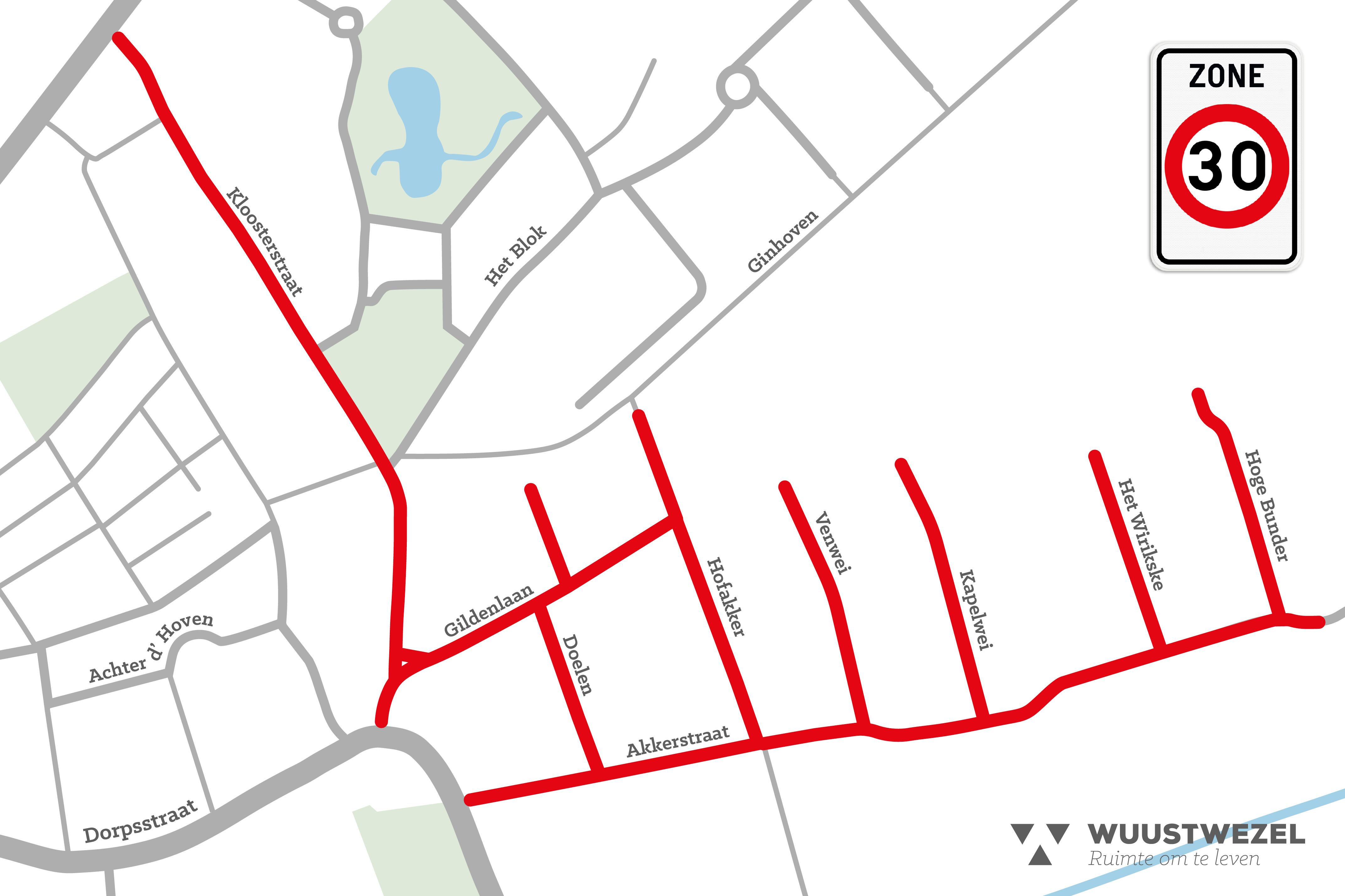 plattegrond van de wijk Akkerstraat - Hofakker met daarop de straten die zone 30 zijn geworden