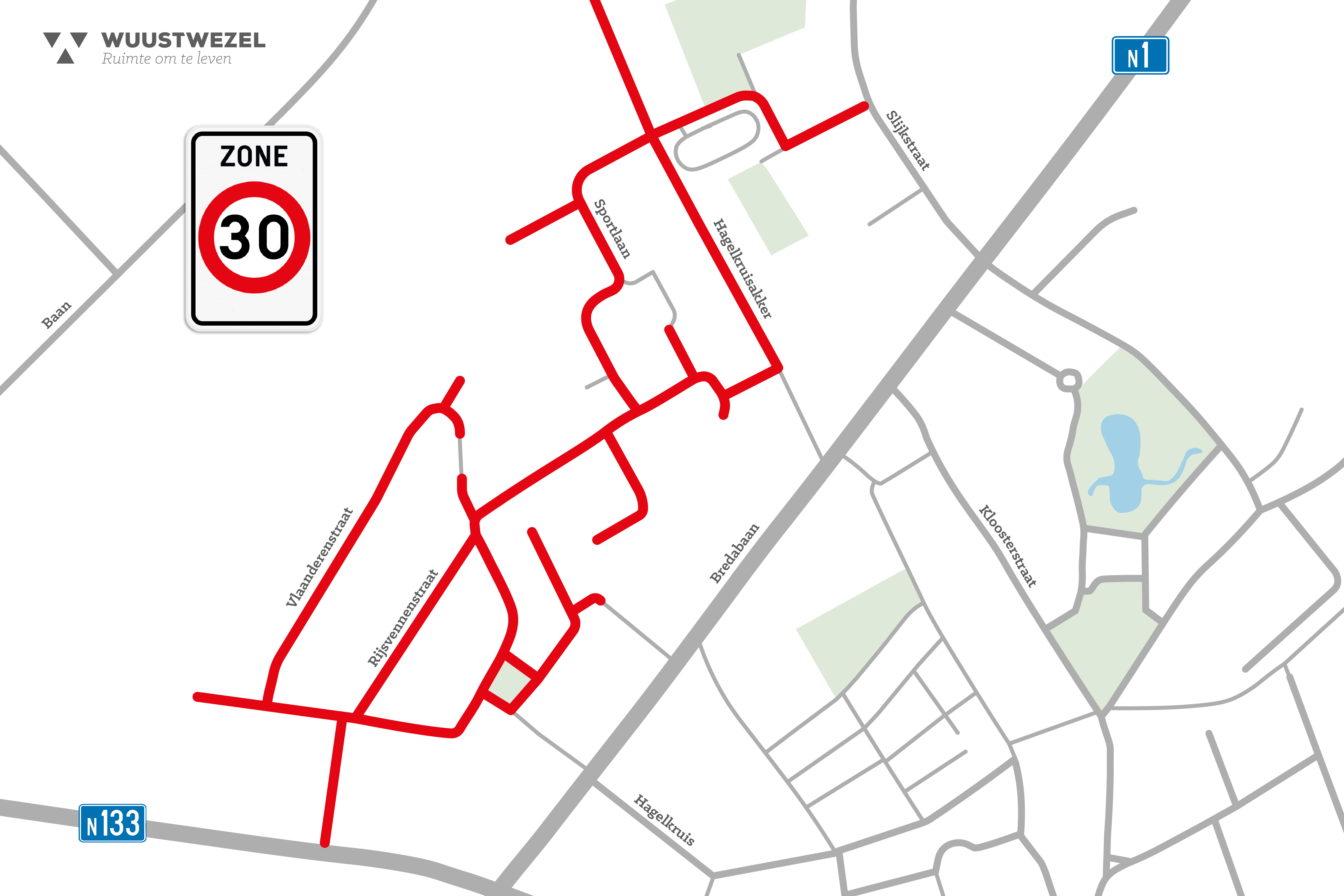 Plannetje met de zone 30 in de wijk Rijsvennen aangeduid