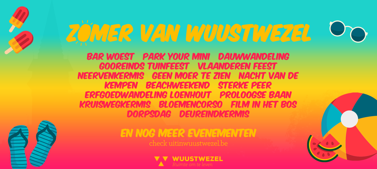 Zomer van Wuustwezel affiche met zomerse kleuren en elementen en titels van evenementen
