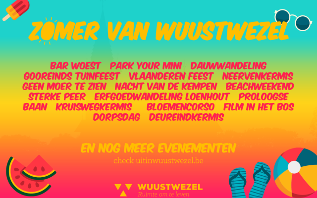Zomer van Wuustwezel - affiche met verschillende titels van evenementen en zomerse elementen