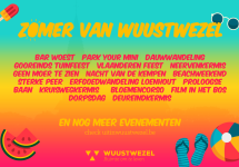 Zomer van Wuustwezel - affiche met verschillende titels van evenementen en zomerse elementen